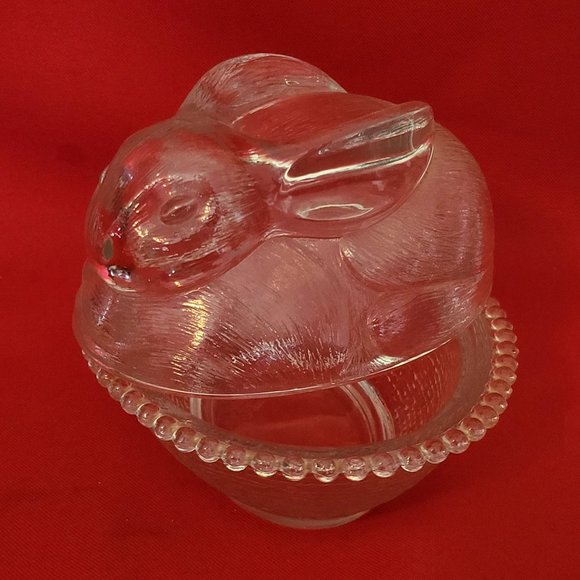 VTG Clear Glass Bunny Rabbit Covered Trinket Oval Candy Beaded Dish Translucent - Picture 13 of 15
